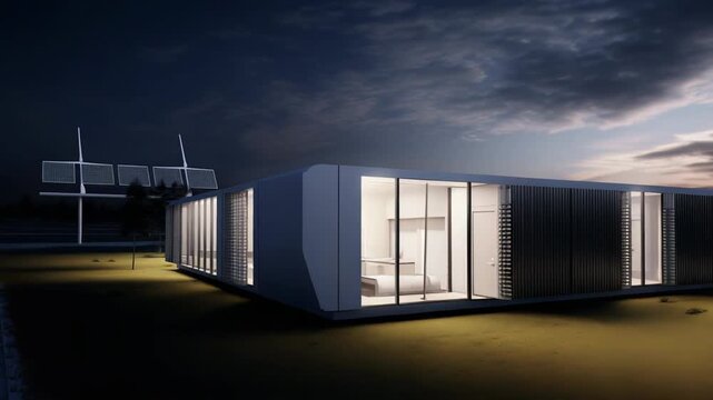 Contemporary modular home with integrated solar panels and illuminated interior at twilight, showcasing sustainable, energy efficient design for modern eco friendly living and future housing