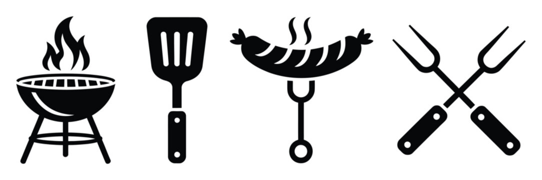 BBQ icon concept with barbecue grill tools fire skewers steak and outdoor cooking vector illustration