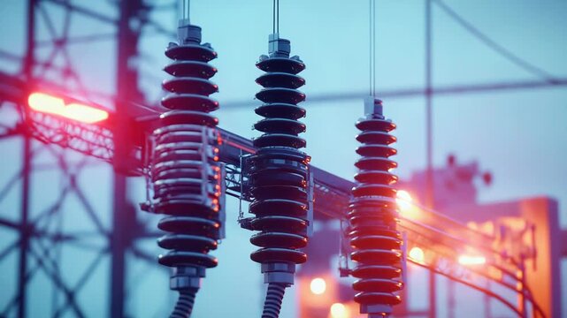 Three high voltage insulators join heavy power cables at a substation, forming a rugged electrical connection that supports reliable transmission and industrial energy distribution