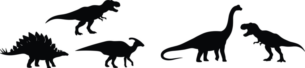 Black dinosaur silhouettes of Stegosaurus, Tyrannosaurus, Parasaurolophus, and Brachiosaurus isolated on white background illustration © MstSaifun