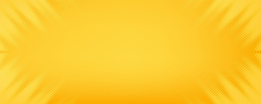 Yellow halftone pattern. Retro comic gradient background. Bright orange pixelated dotted texture overlay. Cartoon pop art faded gradient pattern. Vector backdrop for poster, banner, advertisement