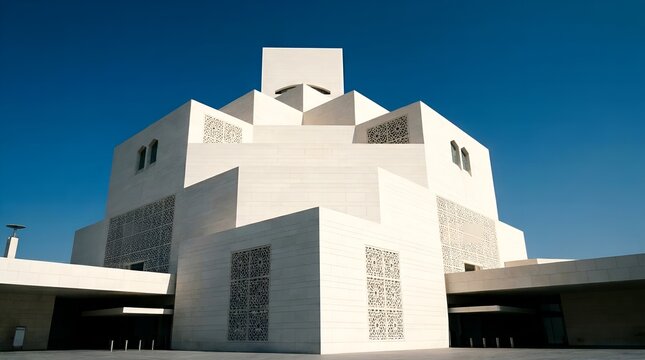 Modern Cultural Center in Qatar with Islamic Geometry Architecture under Direct Sunlight