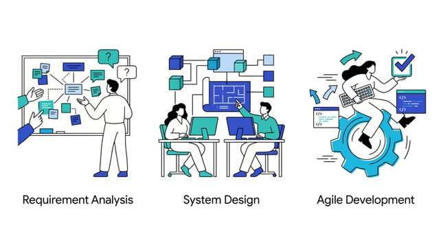Professional teamwork in a digital workspace focusing on requirement analysis, system design, and agile development for effective project management and collaboration success.