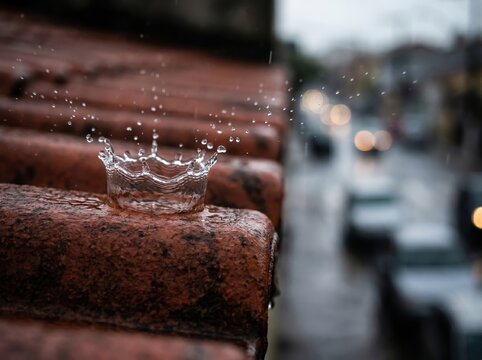 Raindrop Crown on Old Clay Roof Tile with City Blur