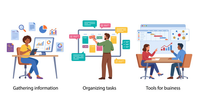 This image highlights effective information gathering and task organization methods, showcasing people engaged in business communication and project management.