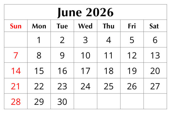 June 2026 English monthly calendar page isolated on transparent background PNG