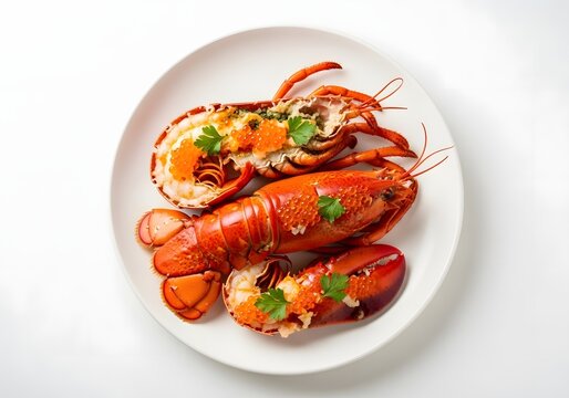 A sumptuously prepared whole lobster, split lengthwise and artfully garnished with vibrant roe and fresh green herbs resting on a smooth, circular platter, showcases a delightful culinary