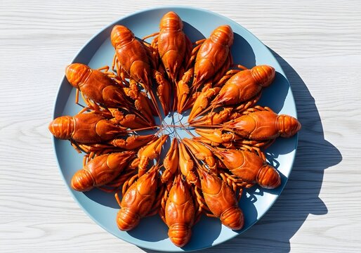 Deliciously prepared appetizing crayfish artfully arranged in a circular fashion upon a pale blue plate, casting distinct shadows onto a textured surface, highlighting their vibrant