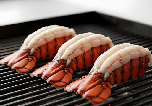 Three delectable raw lobster tails positioned artistically upon a robust black grill grate, presenting a tantalizing culinary preview for gourmet dining and seafood preparation enthusiasts