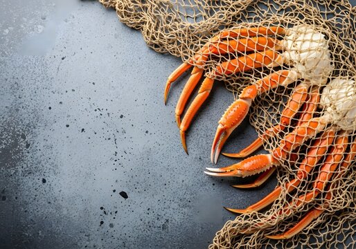 Freshly caught marine arthropods entangled in coarse netting are presented artfully on a textured dark surface signifying a bountiful ocean harvest from the sea ready for culinary preparation