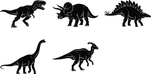 Black silhouette illustrations of Tyrannosaurus rex, Triceratops, Stegosaurus, Brachiosaurus, and Parasaurolophus dinosaurs on white background © MstSaifun