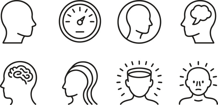 Black line icons of human heads and a speedometer on white background