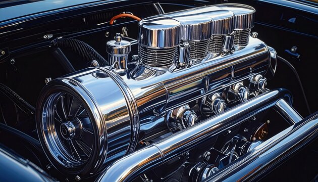 Polished chrome v8 engine in classic car with detailed components