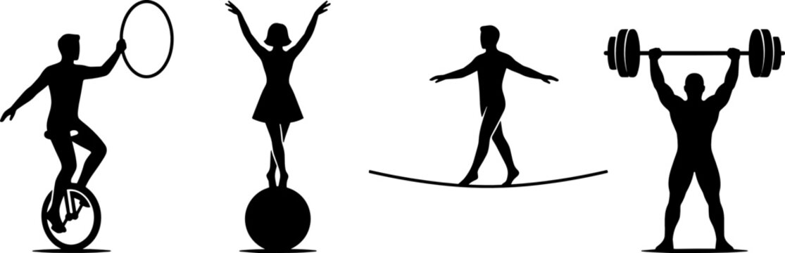 Circus Performer Silhouette Set Featuring Unicycle Rider Gymnast Balancing on Ball Tightrope Walker and Strongman Lifting Barbell Vector Graphic Design Elements