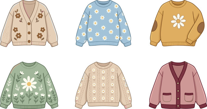 Knitted Sweater Vector Illustration Set with Floral, Daisy, and Patterned Designs Featuring Cardigans, Pullover Styles, and Cozy Winter Clothing for Fashion, Apparel, and Seasonal Wardrobe Designs