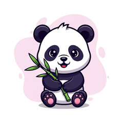 Obraz premium Cute vector flat design illustration of a baby panda holding bamboo with a soft pink background