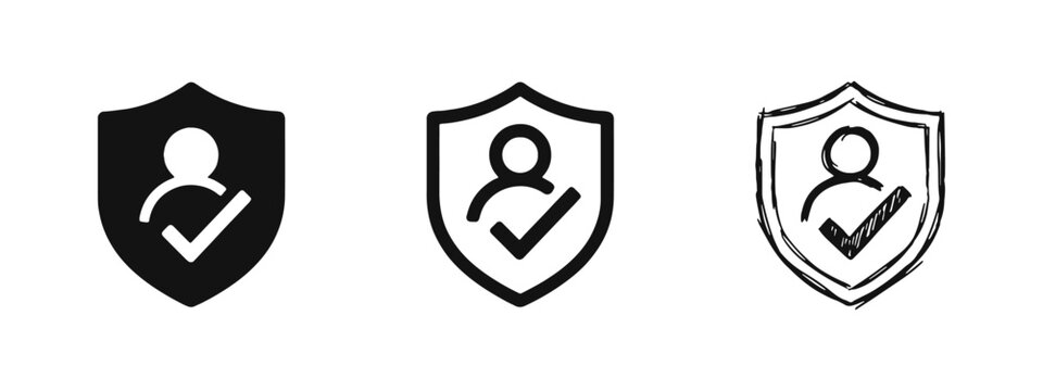 User Security and Protection Icon Set with Shield and Checkmark in Three Styles