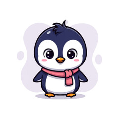 Fototapeta premium Cute vector flat design illustration of a baby penguin wearing a pink scarf, perfect for children's themes