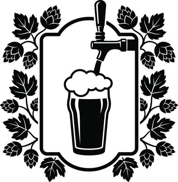 Beer tap and glass with hop branches in frame. Vector illustration black isolated on transparent background.
