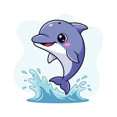 Naklejka premium Cute vector flat design illustration of a happy purple dolphin jumping out of blue water waves