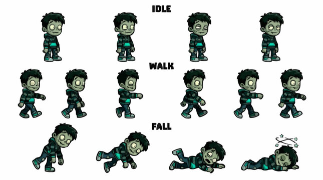 Cute Cartoon Zombie Boy Character Sprite Sheet Flat Vector Illustration For Game Development
