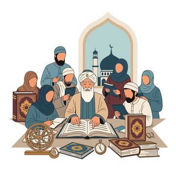 Islamic scholars studying religious texts in mosque setting
