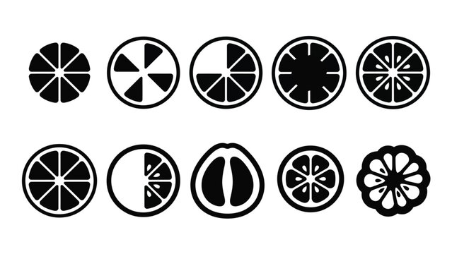 Set of black and white citrus fruit slice icons.
