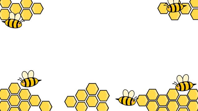 Honeycomb and bee border frame. Cute bee and honeycomb background. Flying bee border. Abstract yellow hexagon border. Hexagon border with bumblebee