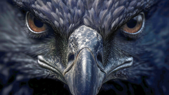 Dark primal phoenix face with a metallic-textured beak and an intense, fierce stare, legendary Anqa bird from Arabian folklore.