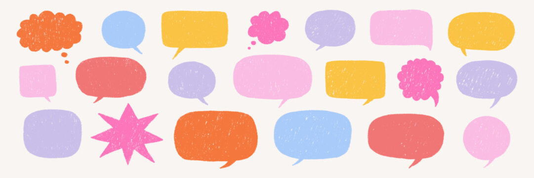 Crayon drawn rough speech bubble set. Colorful dialog balloons with charcoal texture. Hand drawn text box collection. Funky communication frames, comic talk sketch balloons. Vector illustration 
