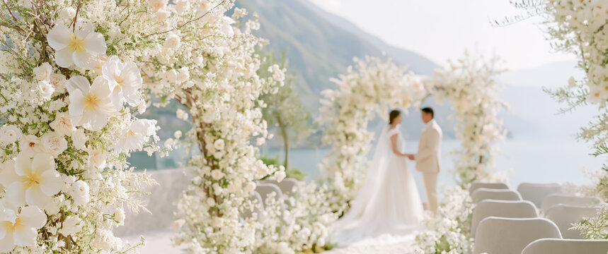 湖と山を望む絶景の屋外会場で、白い花に囲まれて手を取り合う新郎新婦、エレガントでロマンチックな結婚式の風景