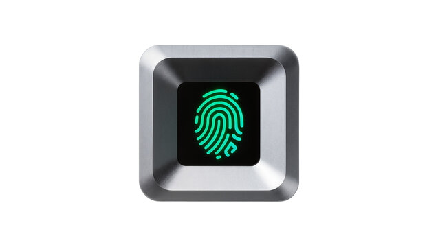 Square metallic fingerprint scanner with glowing green biometric symbol, isolated on transparent background