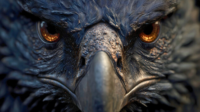Mythical Anqa bird with glowing amber eyes and dark iridescent feathers, representing a primal dark phoenix from ancient Islamic lore.
