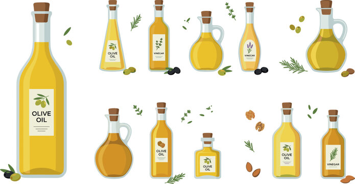 Olive Oil Vector Illustration Set with Glass Bottles, Jars, and Carafes Featuring Extra Virgin, Flavored, and Herb-Infused Oils for Cooking, Food, and Culinary Designs