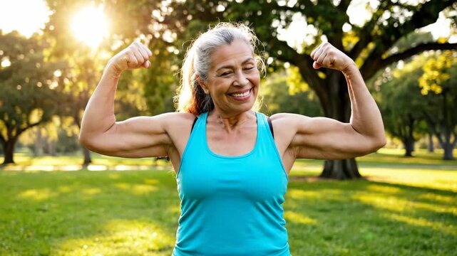 strong senior hispanic woman flexing biceps in sunny park. healthy aging, active lifestyle and fitness concept. confident elderly female showing arm muscles outdoors.