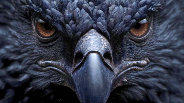 Anqa bird featuring textured deep blue-black feathers and a powerful dark beak, dark fantasy and mythological creature concept.