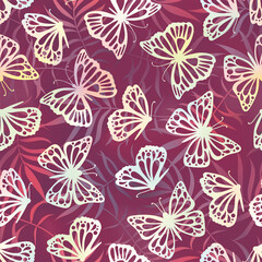 Fototapeta premium Pattern with White Butterflies and Palm Leaves on a Purple Background