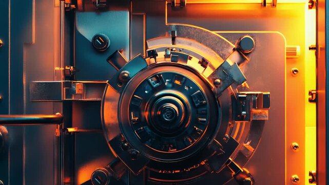 Heavy steel door of a secure vault, featuring an elaborate combination lock with gears and bolts, glowing with warm orange light inside, symbolizing protection, finance, and wealth