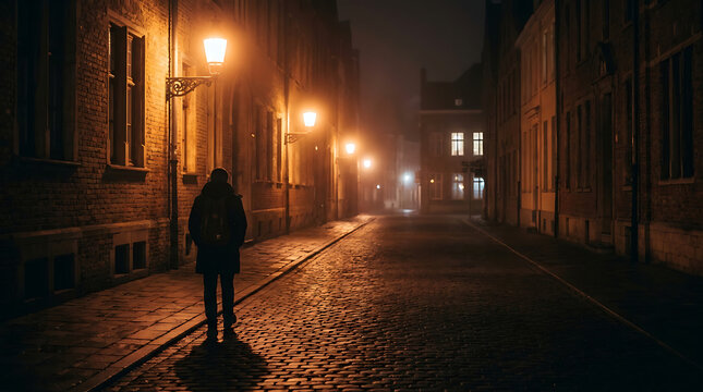 Person walking alone on a dimly lit street at night wearing earphones