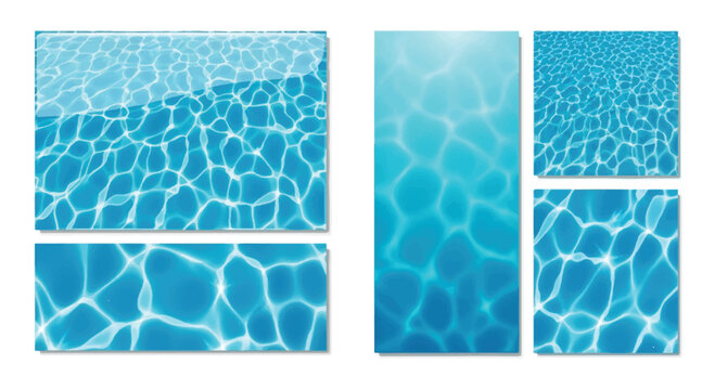  Luxury vector pack featuring crystal clear swimming pool water textures, shimmering sunlight ripple effects, seamless cyan aquatic backgrounds, realistic caustic wave patterns.