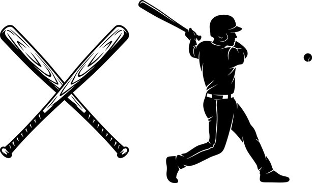 Baseball Player Black Silhouette Icon Set Featuring Batter Hitting Ball and Crossed Wooden Bats for Sports Tournament Logos, Team Apparel, and Game League Graphics