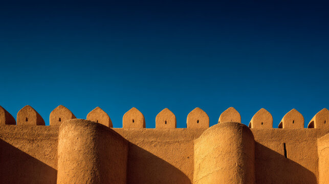 Arabian mud brick fortress wall with triangular crenellations stands against clear blue sky in Saudi Arabia representing heritage and historical Middle Eastern desert architecture