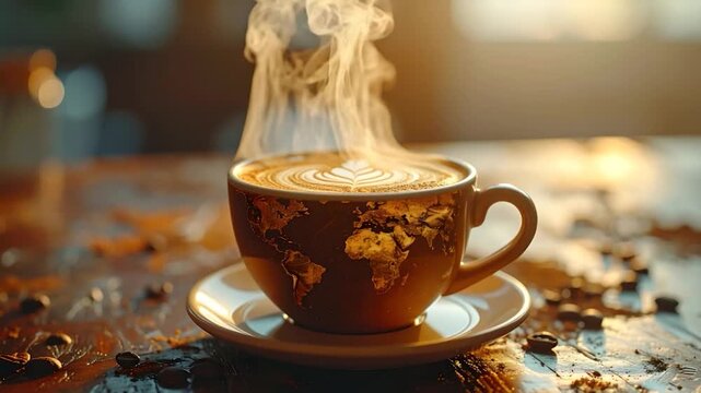 Steaming world map coffee cup with latte art on a wooden table overhead view selective focus