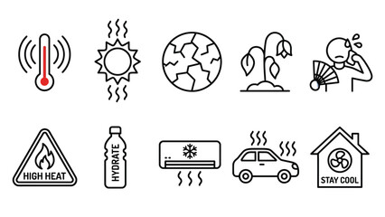 Fototapeta premium High heat warning and summer safety line icons for health protection during extreme weather.