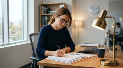 Obraz premium Focused Young Woman Writing Notes at Wooden Desk in Modern Office