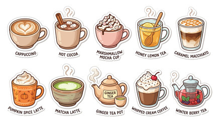 A charming collection of ten steaming hot beverages, including coffee, tea, and cocoa, perfect for cozy autumn and winter days. © Terra