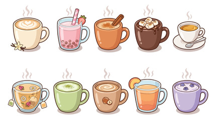 Obraz premium A collection of ten steaming mugs and cups filled with various hot and cold beverages, including coffee, tea, and other sweet drinks, presented in a top-down grid layout.