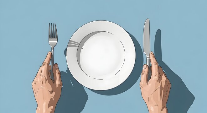 Hands holding fork and knife above empty plate on blue background