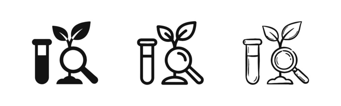 Biotechnology and Plant Research Icon Set with Test Tube and Magnifying Glass - Three Styles