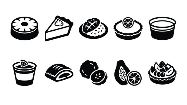 Set of fruit dessert and sweets icons in flat design. collection of food icons.